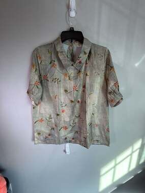 Womens Short Sleeve Tops Floral Lapel Round Neck Button Loose Pullover Top Summe
